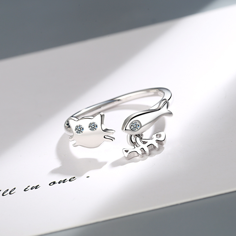 Bague créative poisson chat avec diamants en zirconium