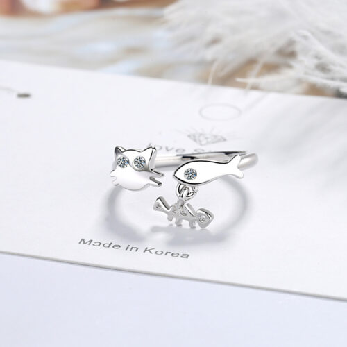 Bague créative poisson chat avec diamants en zirconium