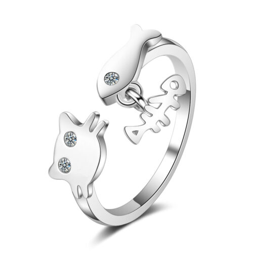 Bague créative poisson chat avec diamants en zirconium