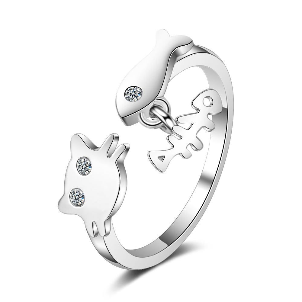 Bague créative poisson chat avec diamants en zirconium