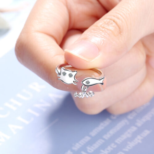 Bague créative poisson chat avec diamants en zirconium