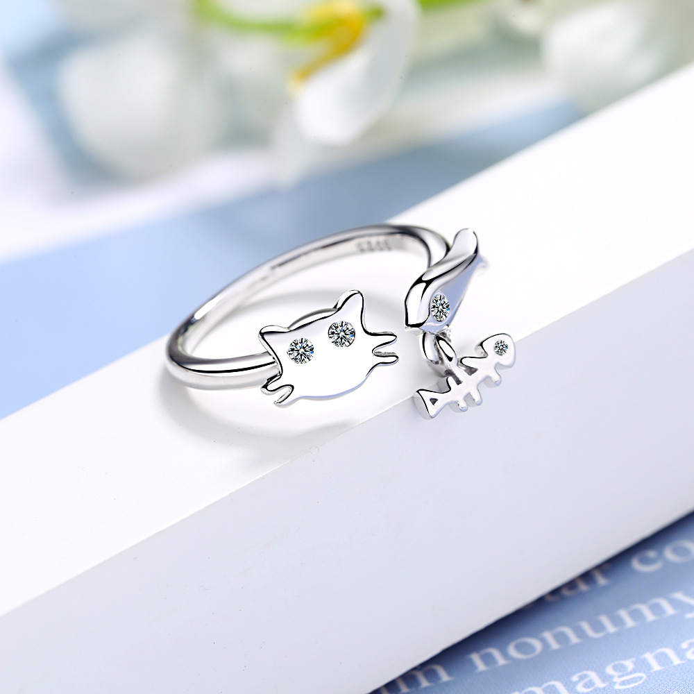 Bague créative poisson chat avec diamants en zirconium