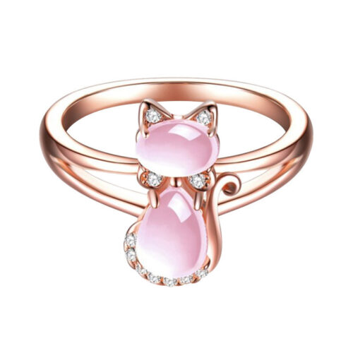 Bague chat en cristal rose plaqué or rose & d’hibiscus