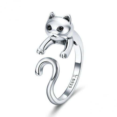 Belle bague de doigt chat mignon et coquin en argent