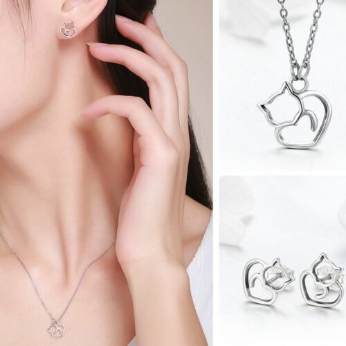Collier Cœur Chat Argent S925