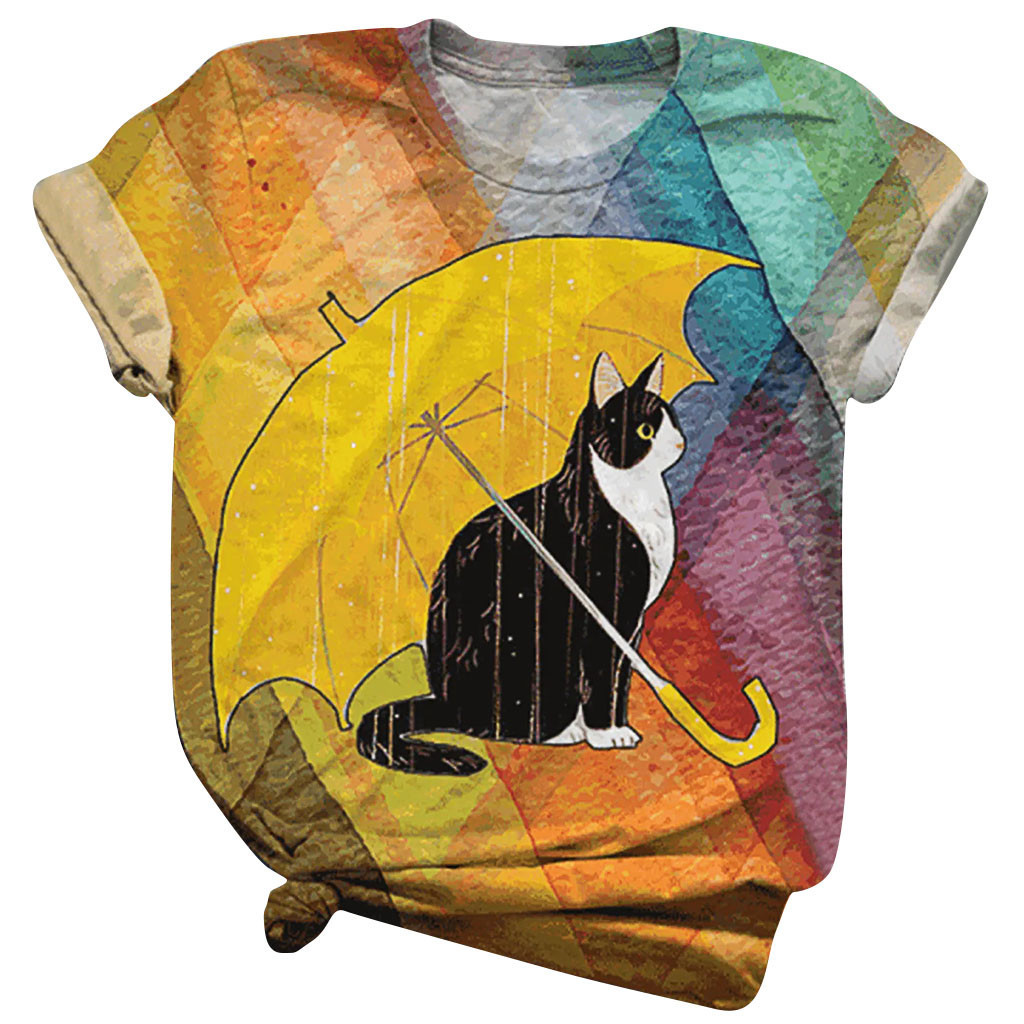 T-SHIRT À MANCHES COURTES AVEC IMPRESSION 3D CHAT & PARAPLUIE