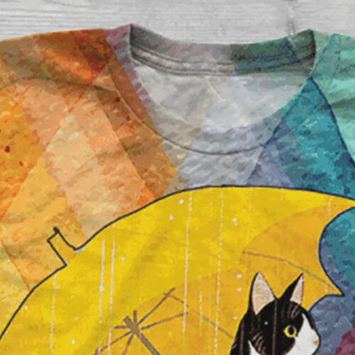 T-SHIRT À MANCHES COURTES AVEC IMPRESSION 3D CHAT & PARAPLUIE