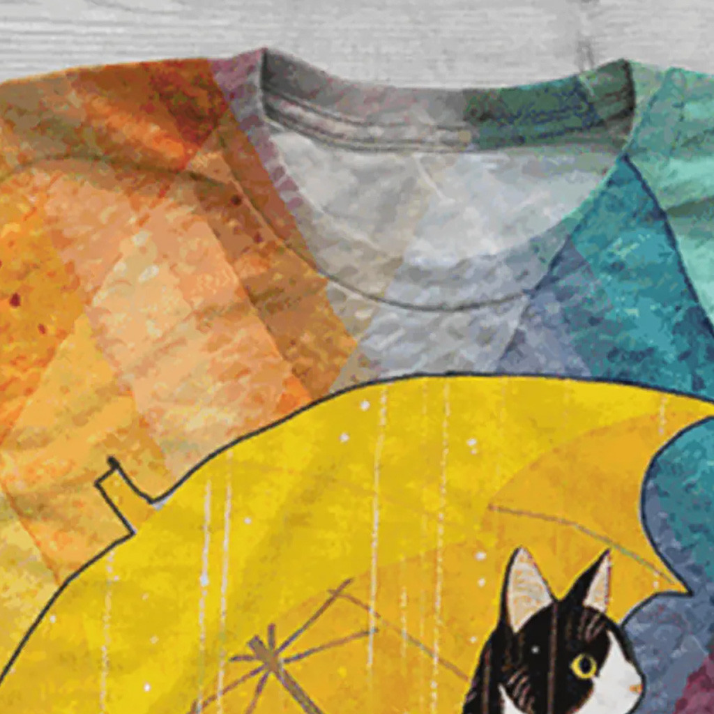 T-SHIRT À MANCHES COURTES AVEC IMPRESSION 3D CHAT & PARAPLUIE