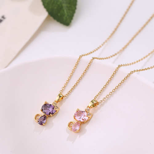 COLLIER EN ACIER CHAT AVEC DEUX CŒURS (2)