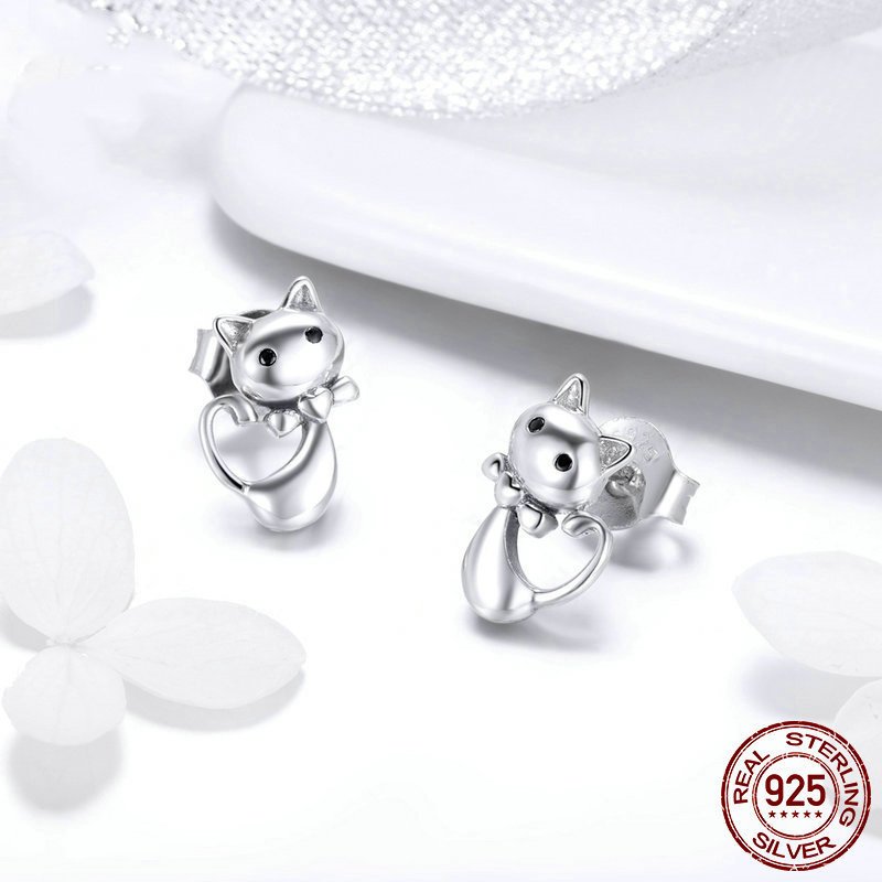 Boucles d'oreilles Chat S925 Argent Simple – Image 3