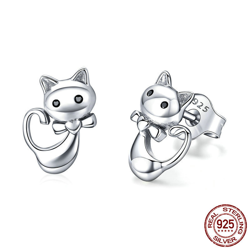 Boucles d'oreilles Chat S925 Argent Simple – Image 2