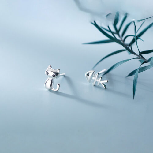 Boucles d’oreilles argent S925 poisson et chat