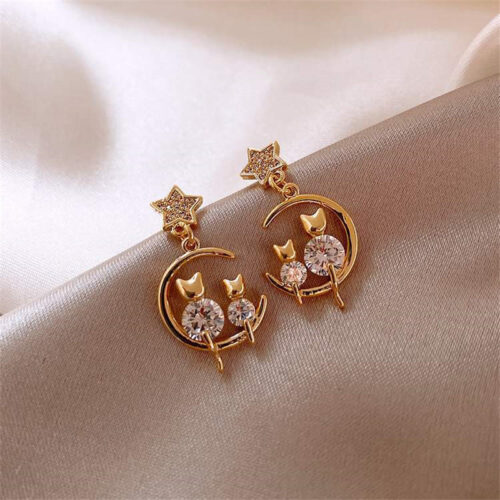 Boucles d’oreilles chat en argent 925 avec aiguilles et diamants