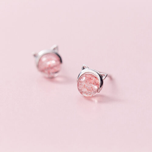 Boucles d’oreilles chat en argent S925 et cristal fraise
