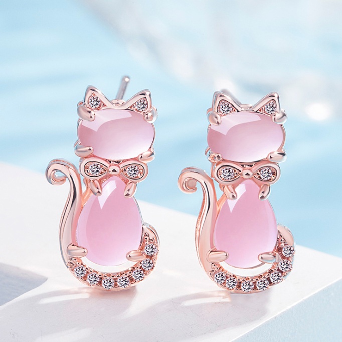 Boucles d’oreilles chat avec pendentif en pierre