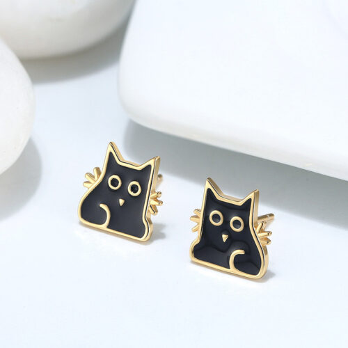 Boucles d’oreilles en argent avec chat noir