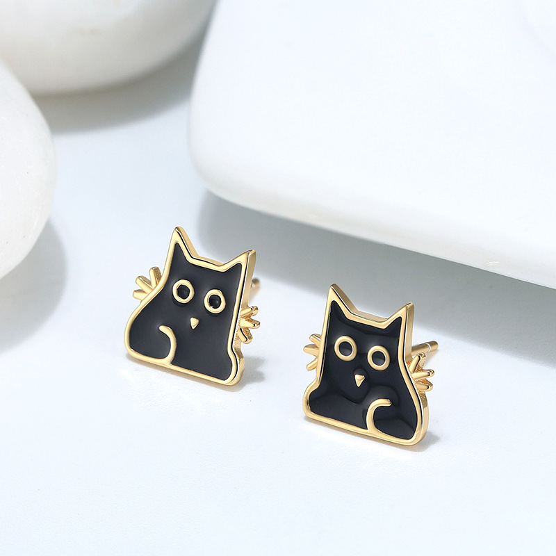 Boucles d’oreilles en argent avec chat noir