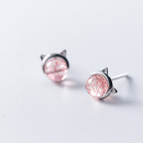 Boucles d’oreilles chat en argent S925 et cristal fraise