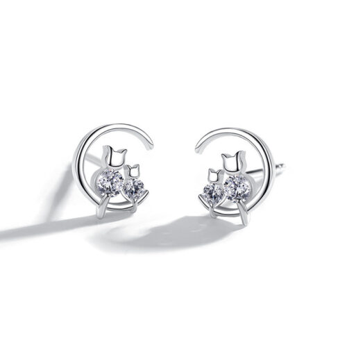 Boucles d’oreilles Chat Lune Étoile en argent