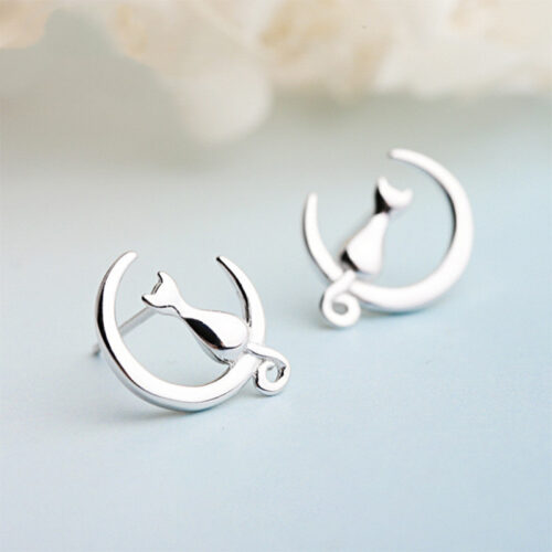 Boucles d’oreilles en argent Chat Lune
