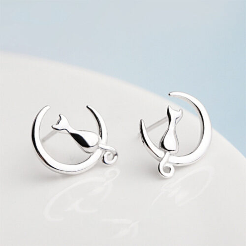Boucles d’oreilles en argent Chat Lune